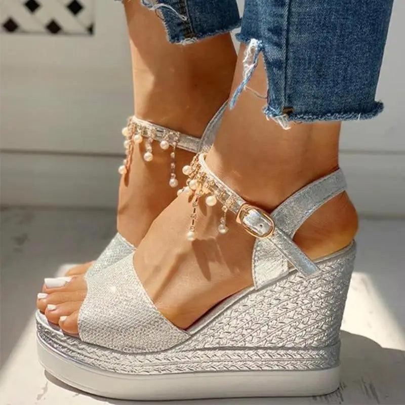 Stevvex silver platform wedge sandals with ankle strap and pearl fringe beads on Tampa Home & Garden Store