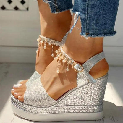 Stevvex silver platform wedge sandals with ankle strap and pearl fringe beads on Tampa Home & Garden Store
