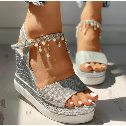 Stevvex silver wedge sandals with ankle strap and pearl fringe, studded glitter platform on Tampa Home & Garden Store