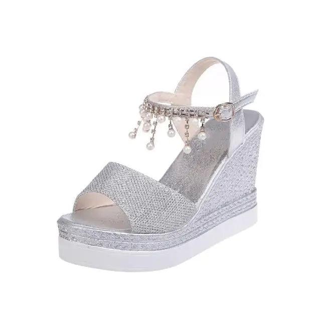 Stevvex 2021 Women Summer Sandals with studded upper, ankle strap and crystal fringe wedge on Tampa Home & Garden Store