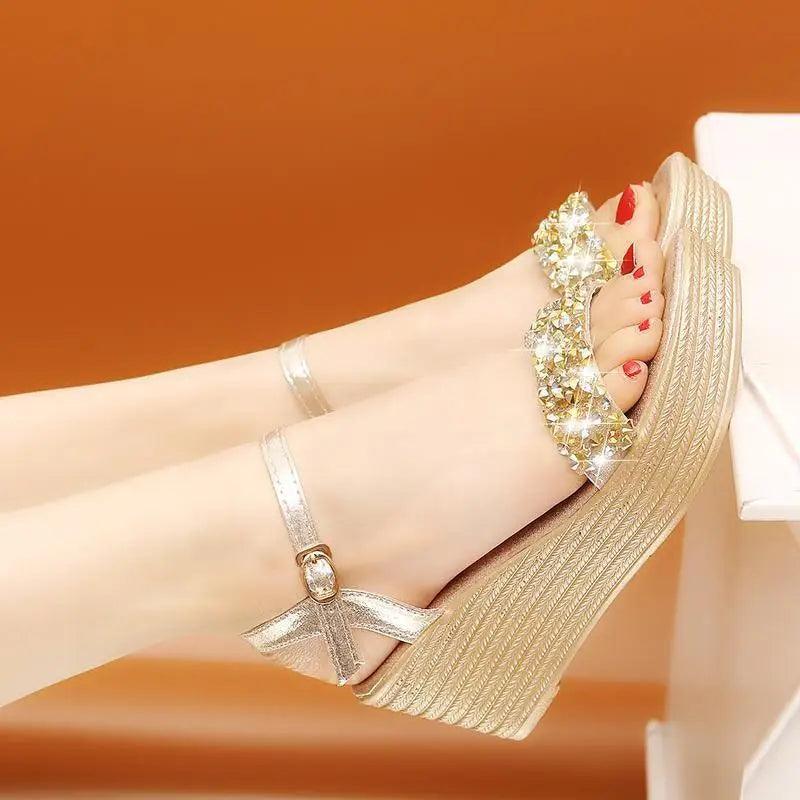 Stevvex sandals gold metallic platform wedge with rhinestone studded strap and ankle buckle on Tampa Home & Garden Store