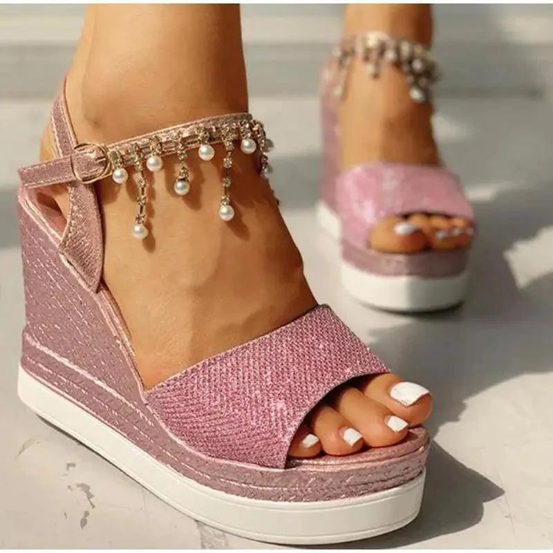Stevvex pink glitter wedge sandals with pearl-embellished ankle chain and white platform sole on Tampa Home & Garden Store