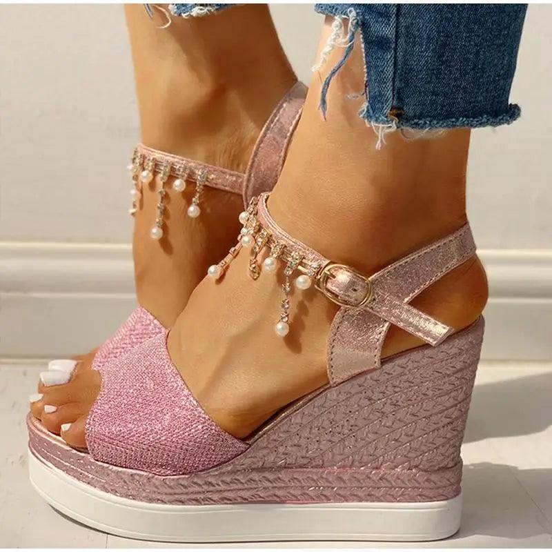 Stevvex ST22154ANU pink glitter wedge sandals with pearl fringe and ankle strap on Tampa Home & Garden Store