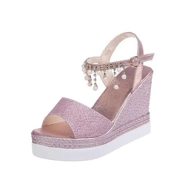 Stevvex pink glitter platform sandal with beaded ankle strap and wedge heel on Tampa Home & Garden Store