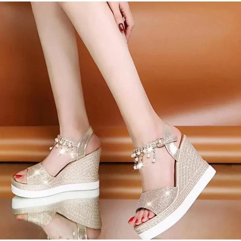 Stevvex wedge sandals with champagne glitter and bead ankle strap, platform espadrille pair on Tampa Home & Garden Store