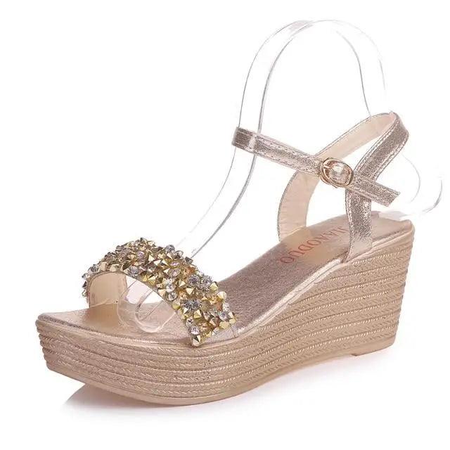 Stevvex wedge sandal beige with studded front strap and ankle buckle on rope sole on Tampa Home & Garden Store
