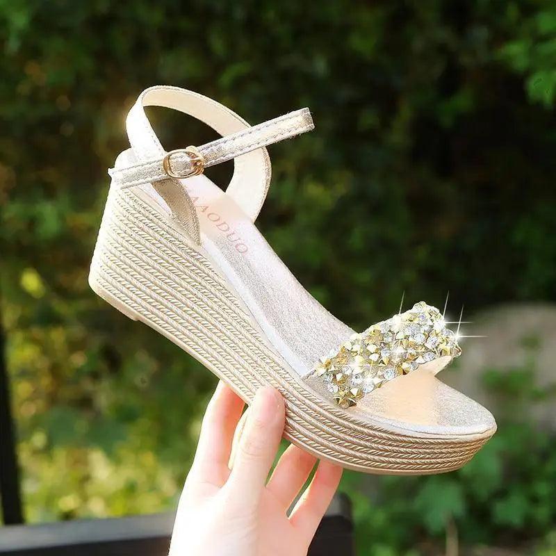 Stevvex women's wedge sandals with rhinestone front strap and ankle strap on Tampa Home & Garden Store