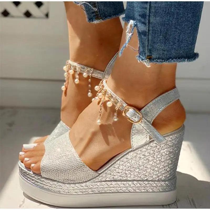 Stevvex silver wedge platform sandals with pearl bead fringe and ankle strap on Tampa Home & Garden Store