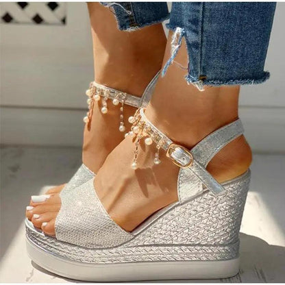 Stevvex silver wedge platform sandals with pearl bead fringe and ankle strap on Tampa Home & Garden Store