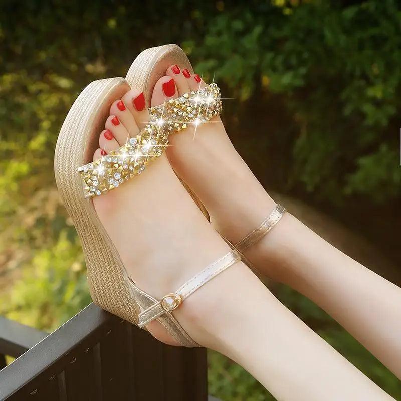 Wedge sandals with gold studded rhinestone strap and ankle buckle, beige platform Stevvex on Tampa Home & Garden Store
