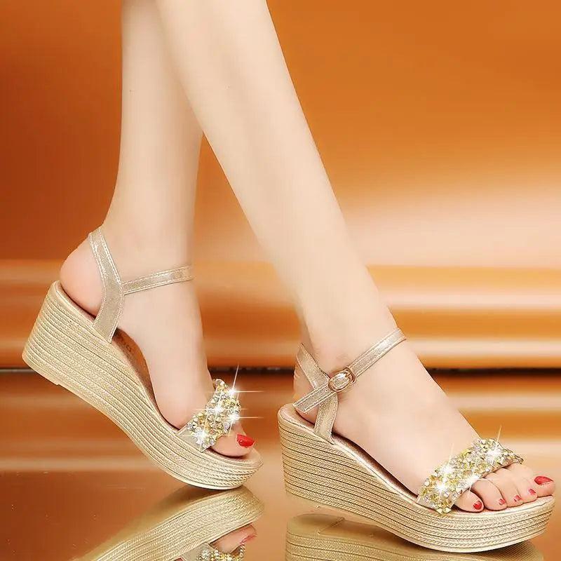 Beige wedge sandals with rhinestone front strap and ankle buckle, espadrille platform on Tampa Home & Garden Store