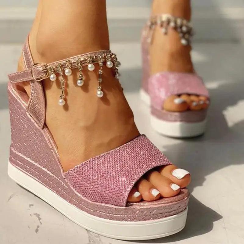 Stevvex wedge sandals pink glitter pair with pearl-embellished ankle strap on Tampa Home & Garden Store