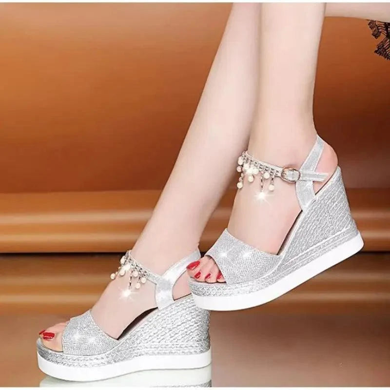 Stevvex silver wedge sandals with studded glitter, ankle strap and pearl charms on Tampa Home & Garden Store
