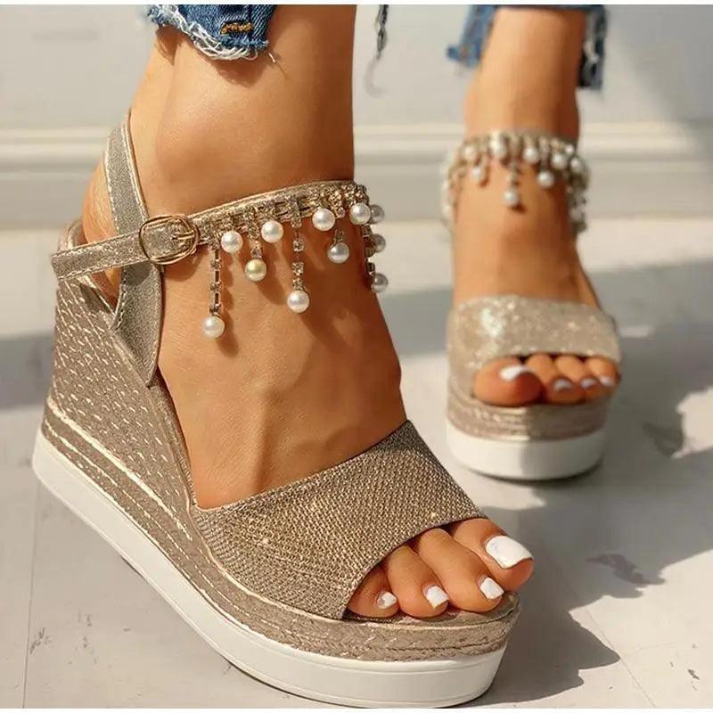 Stevvex wedge sandals ST22154ANU metallic glitter ankle strap with pearl fringe beige platform on Tampa Home & Garden Store