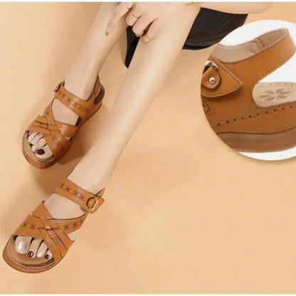 Stevvex tan leather women's sandals with buckle straps, open toe, adjustable ankle strap on Tampa Home & Garden Store