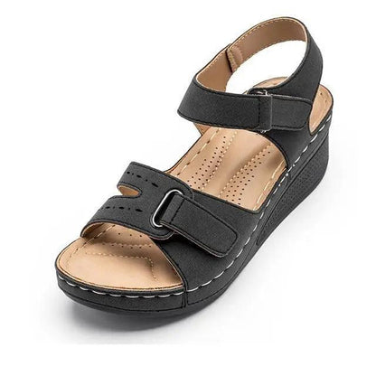 Stevvex women's sandals buckle strap black wedge with cushioned beige footbed on Tampa Home & Garden Store