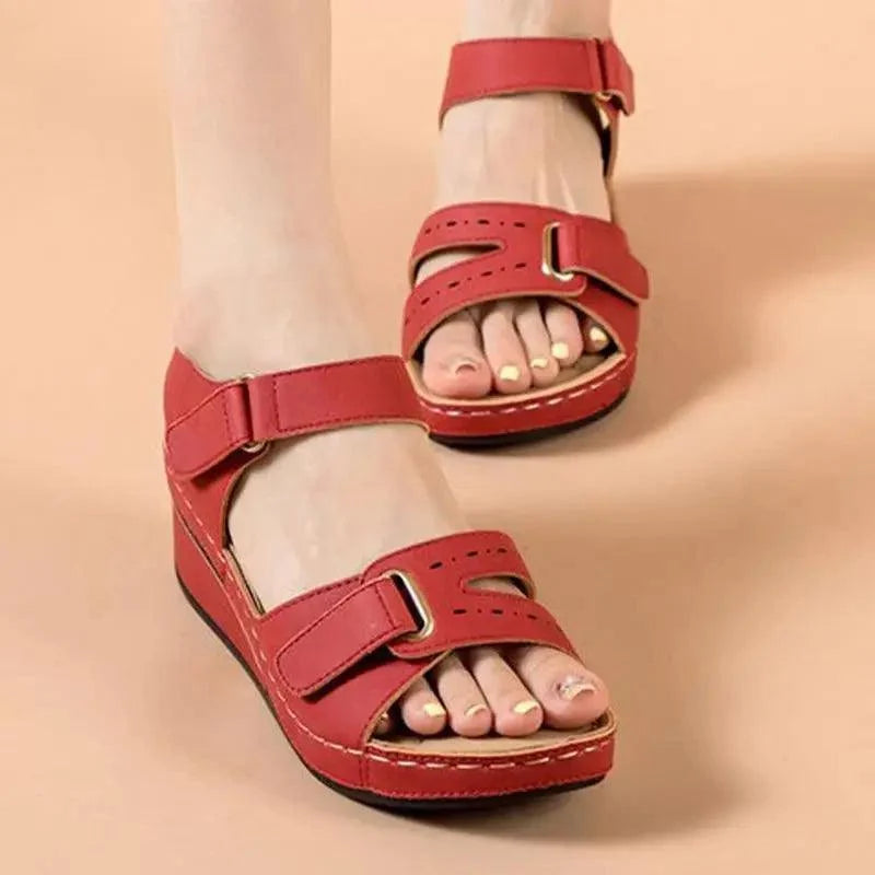 Stevvex women's red buckle-strap sandals, two-strap design with adjustable buckles, pair on Tampa Home & Garden Store
