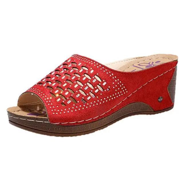 Women's red suede wedge sandal with lattice cutouts by Stevvex on Tampa Home & Garden Store