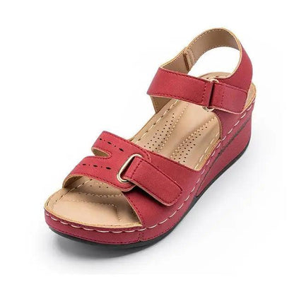 Stevvex Sandals ST12455NIL red wedge with elegant buckle straps, comfortable women shoes on Tampa Home & Garden Store