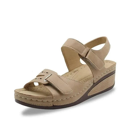 Stevvex women's sandals tan wedge with buckle straps and cushioned footbed on Tampa Home & Garden Store
