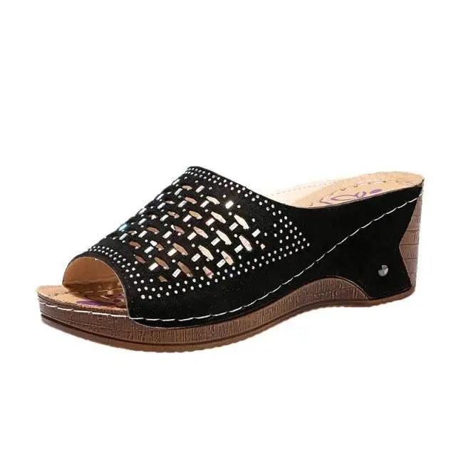 Stevvex women's sandals black woven open-toe wedge with studded strap on Tampa Home & Garden Store