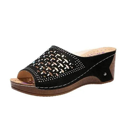 Stevvex women's sandals black woven open-toe wedge with studded strap on Tampa Home & Garden Store