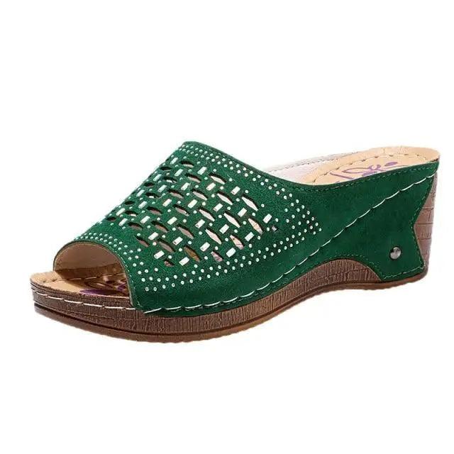 Stevvex green wedge sandal with lattice cutout upper and studded detail on brown sole on Tampa Home & Garden Store