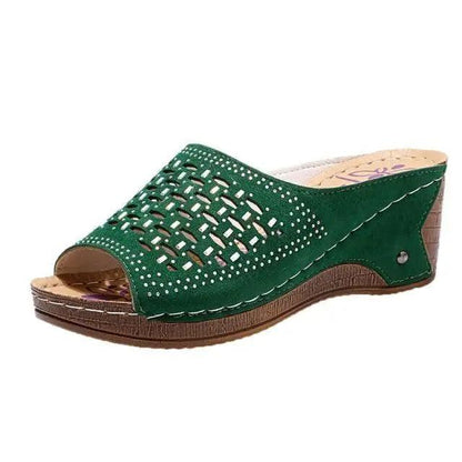 Stevvex green wedge sandal with lattice cutout upper and studded detail on brown sole on Tampa Home & Garden Store