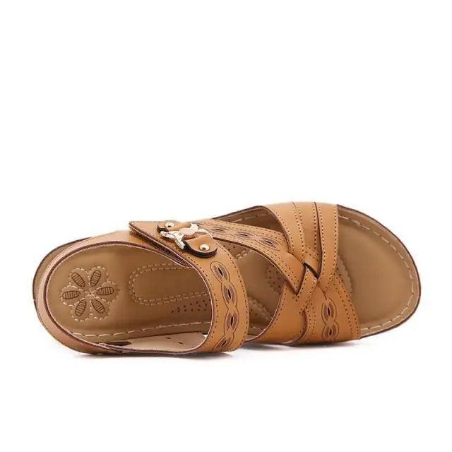 Stevvex women's sandals tan leather cross-strap buckle design on Tampa Home & Garden Store