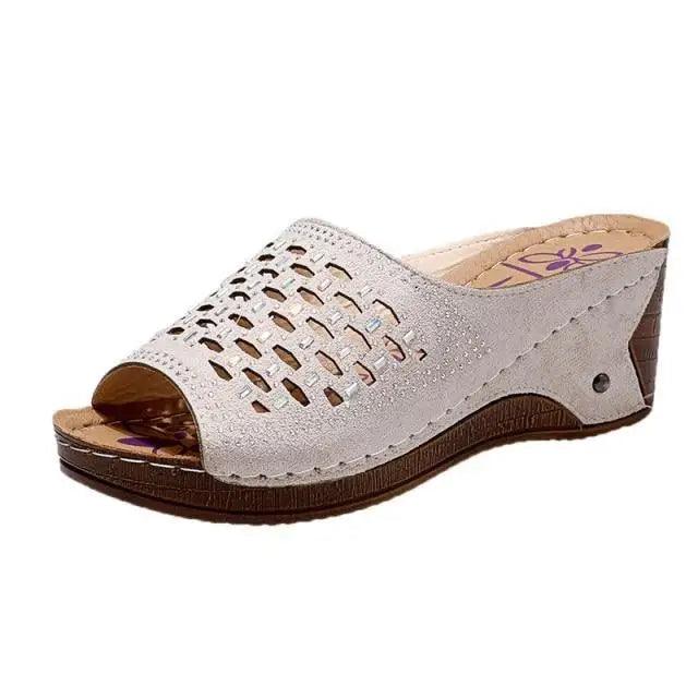 Stevvex women's wedge sandal perforated beige upper open toe with brown sole on Tampa Home & Garden Store