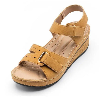 Stevvex women's tan suede sandals with buckle strap and wedge heel on Tampa Home & Garden Store