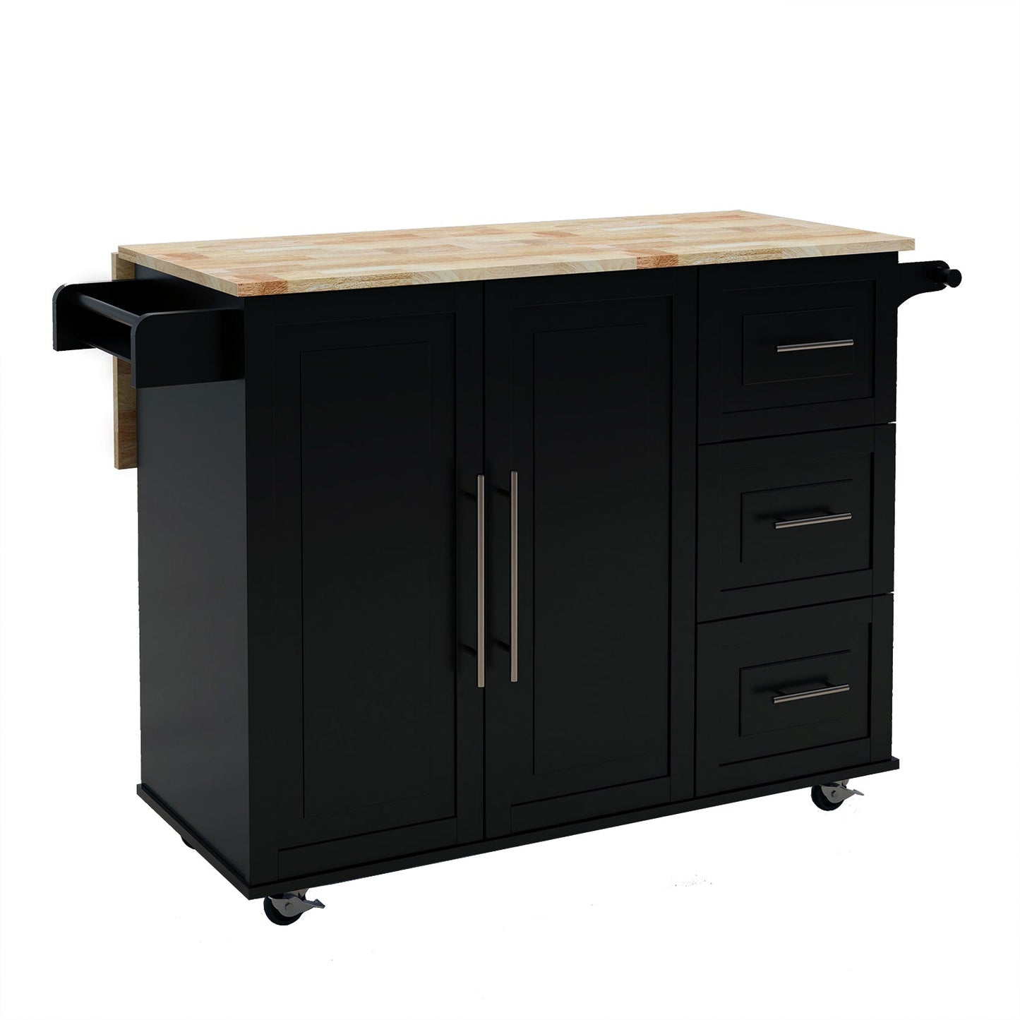 Black Kitchen Island with Spice and Towel Rack