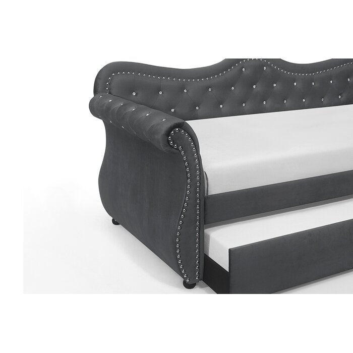 Abby upholstered velvet wood daybed with trundle, gray tufted back, nailhead trim on Tampa Home & Garden Store