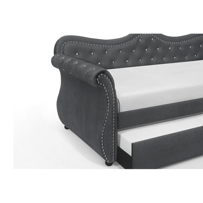 Abby upholstered velvet wood daybed with trundle, gray tufted back, nailhead trim on Tampa Home & Garden Store