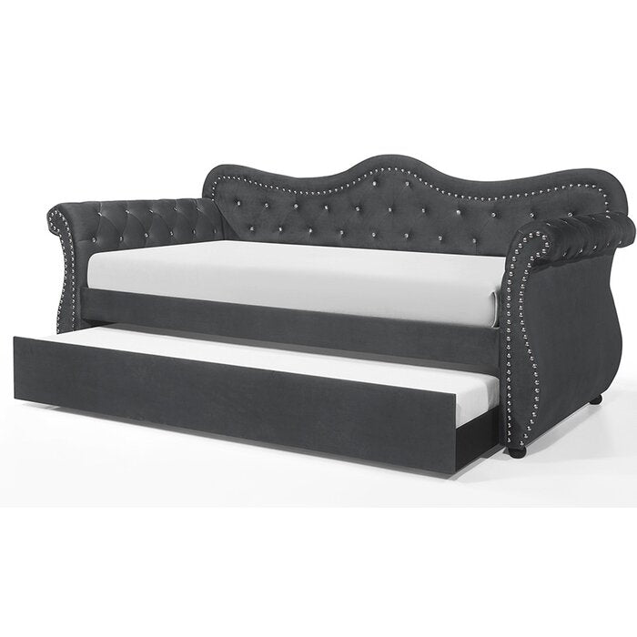 Abby velvet daybed with trundle, gray, tufted back, nailhead arms, HouseOfZazla sofa bed on Tampa Home & Garden Store