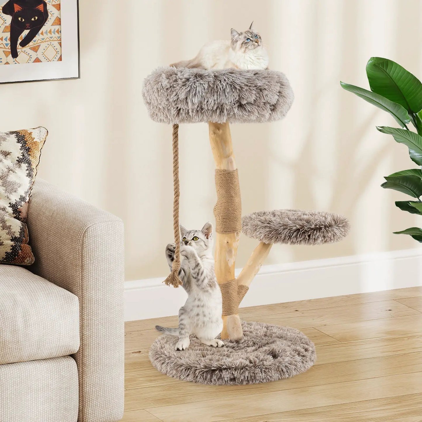 Modern Wooden Cat Tree With Perch and Jute Posts