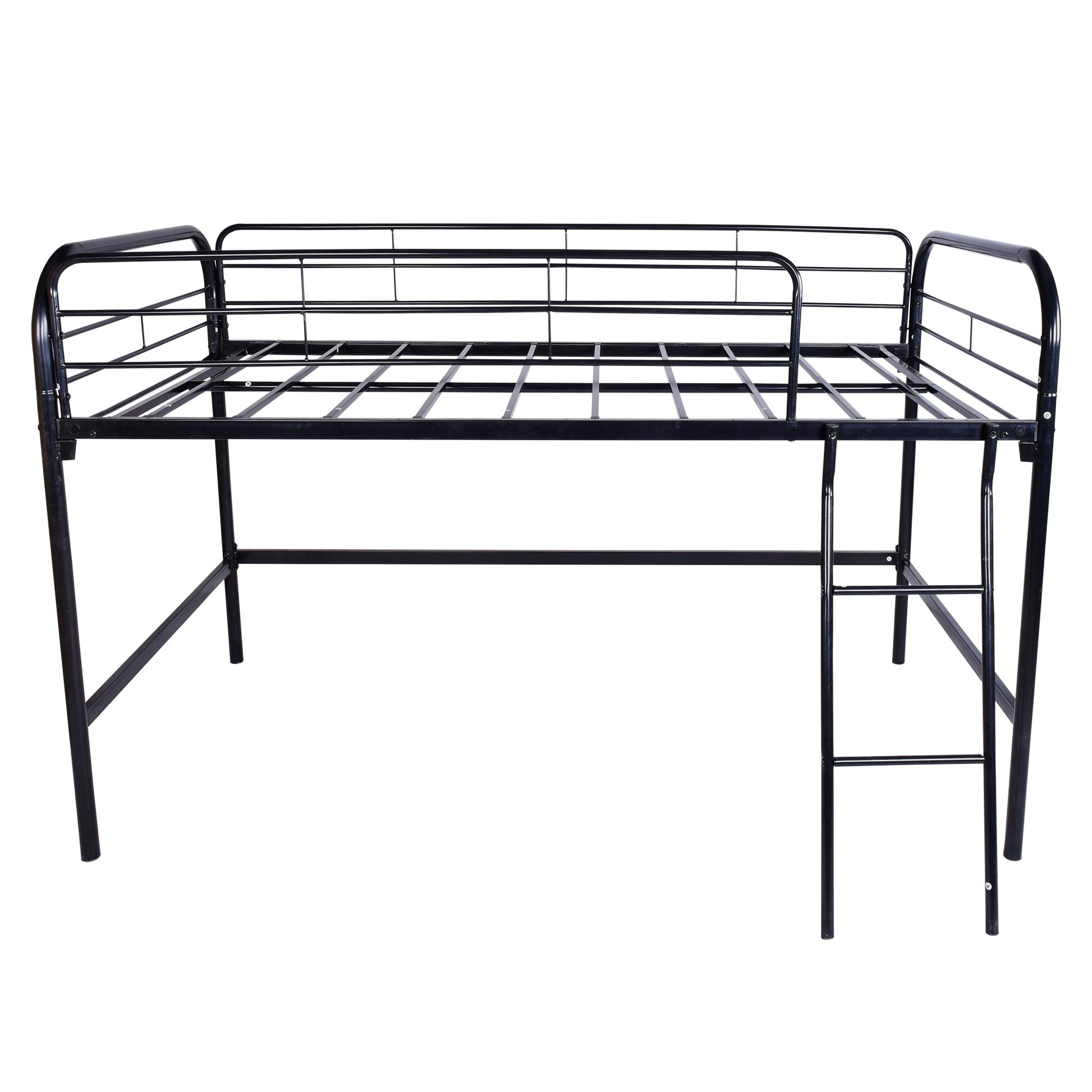 Metal twin loft bed frame in black steel with guard rails and ladder on Tampa Home & Garden Store