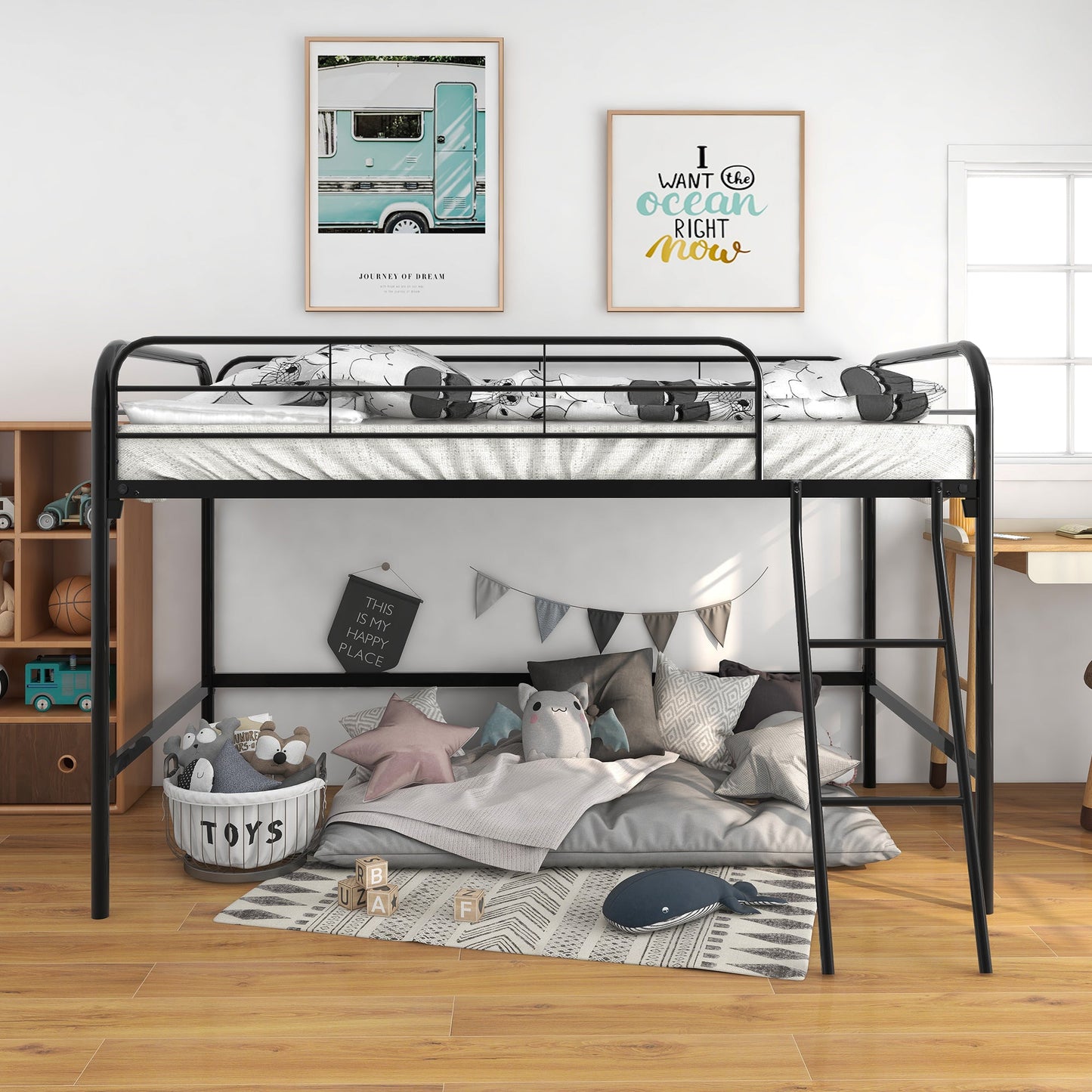 Metal twin loft bed with black frame and compact lower play space in a modern kids room on Tampa Home & Garden Store