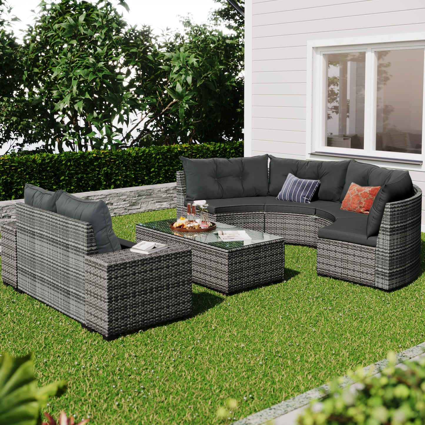 8 Pieces Round Outdoor Wicker Sofa and Table