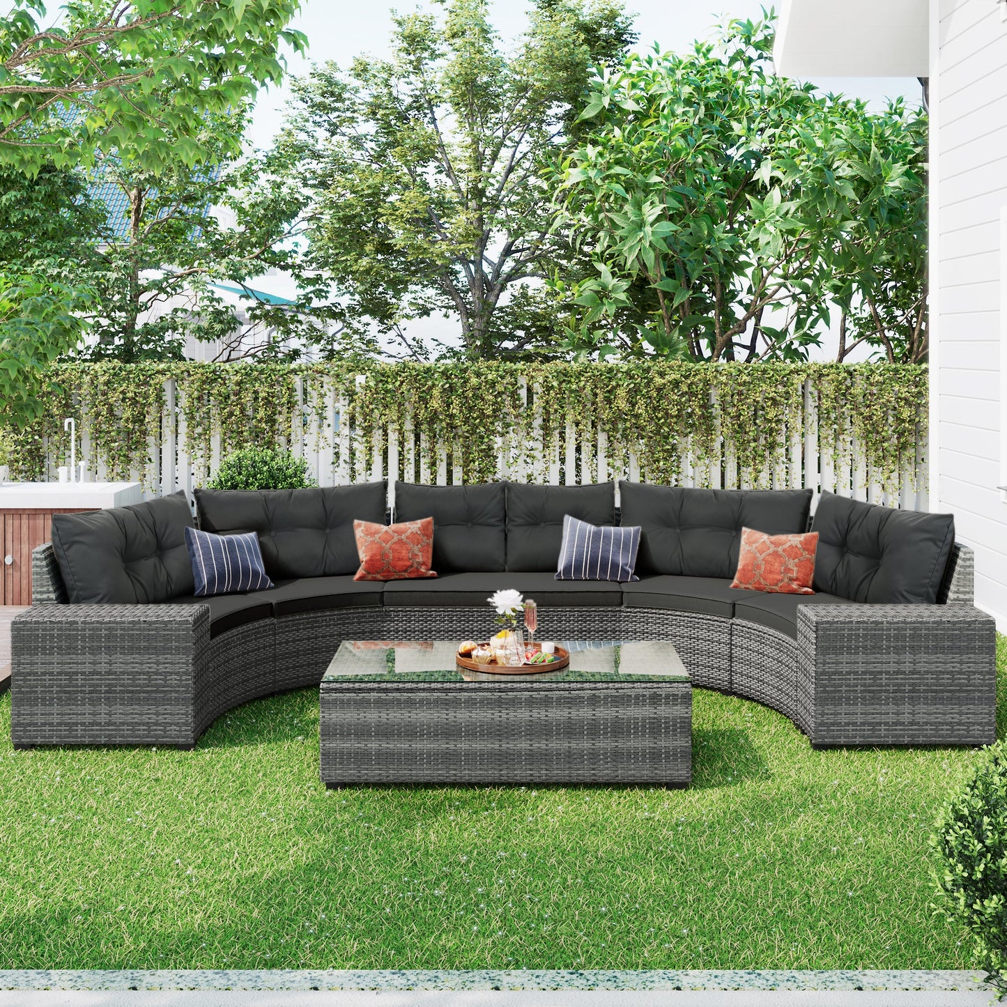 8 Pieces Round Outdoor Wicker Sofa and Table