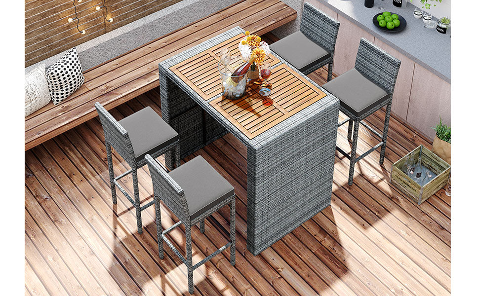 Five Piece Outdoor Patio Wicker Bar Set and Chair