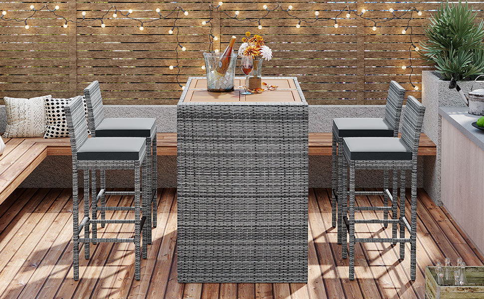 Five Piece Outdoor Patio Wicker Bar Set and Chair
