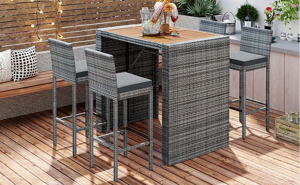 Five Piece Outdoor Patio Wicker Bar Set and Chair