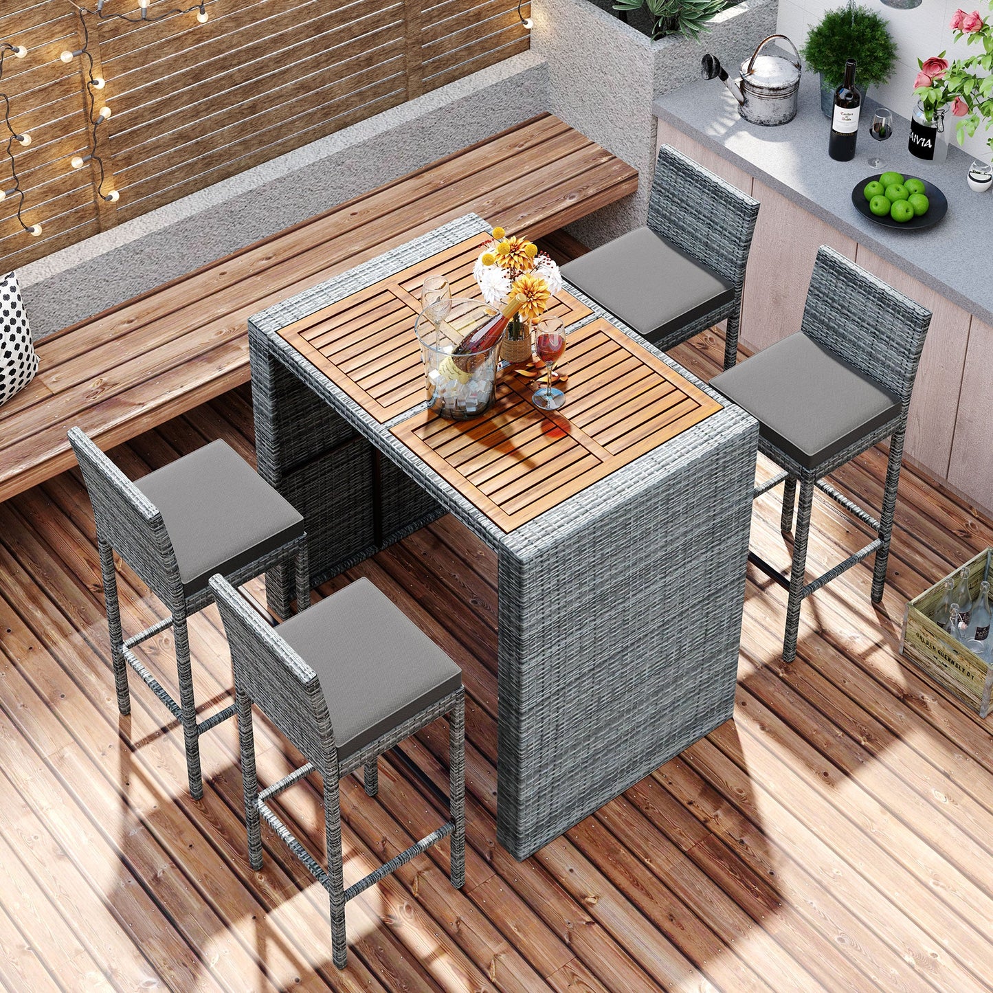 Five Piece Outdoor Patio Wicker Bar Set and Chair