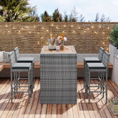Five Piece Outdoor Patio Wicker Bar Set and Chair
