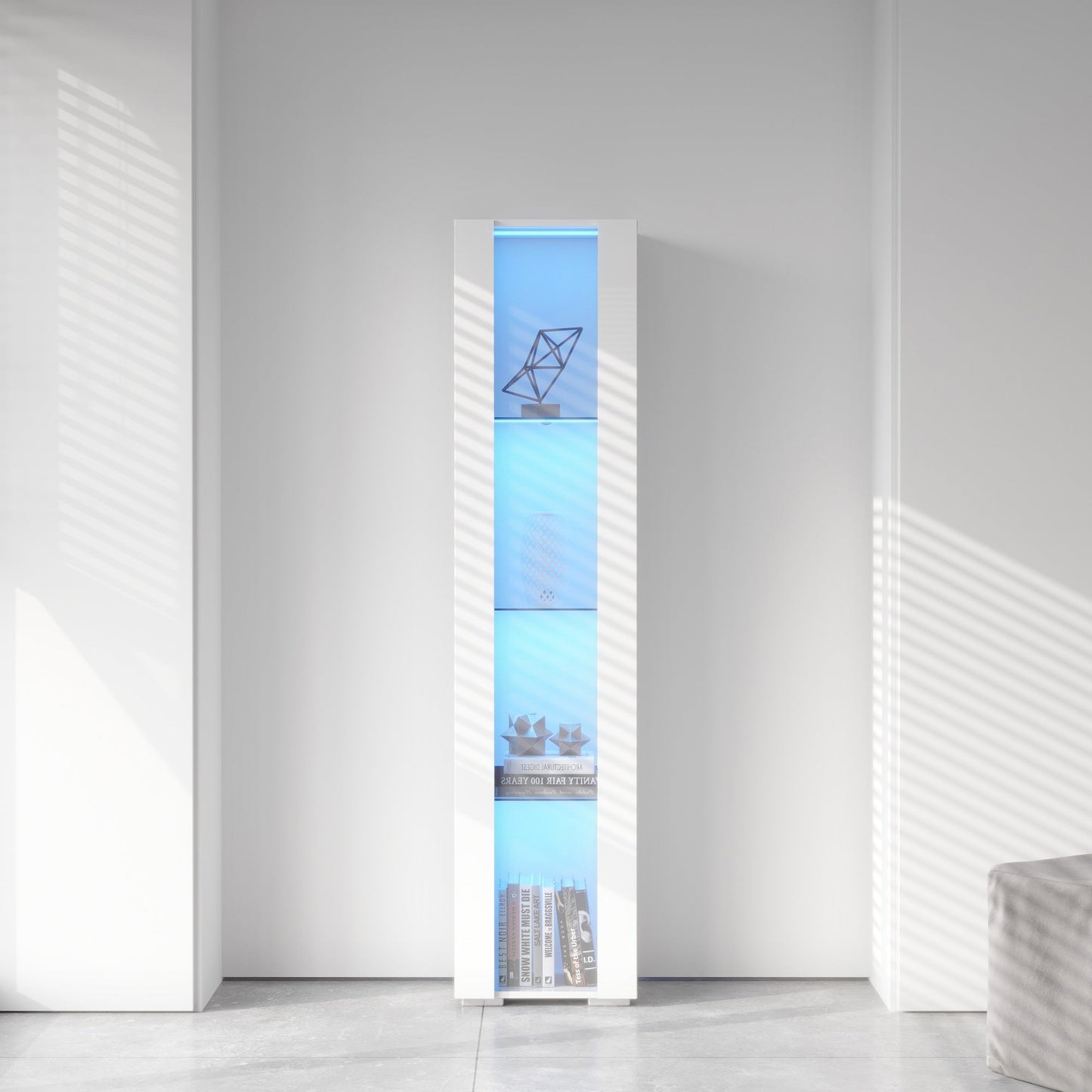 Side cabinet with aluminum strip lamp, white finish and blue illuminated panel on Tampa Home & Garden Store