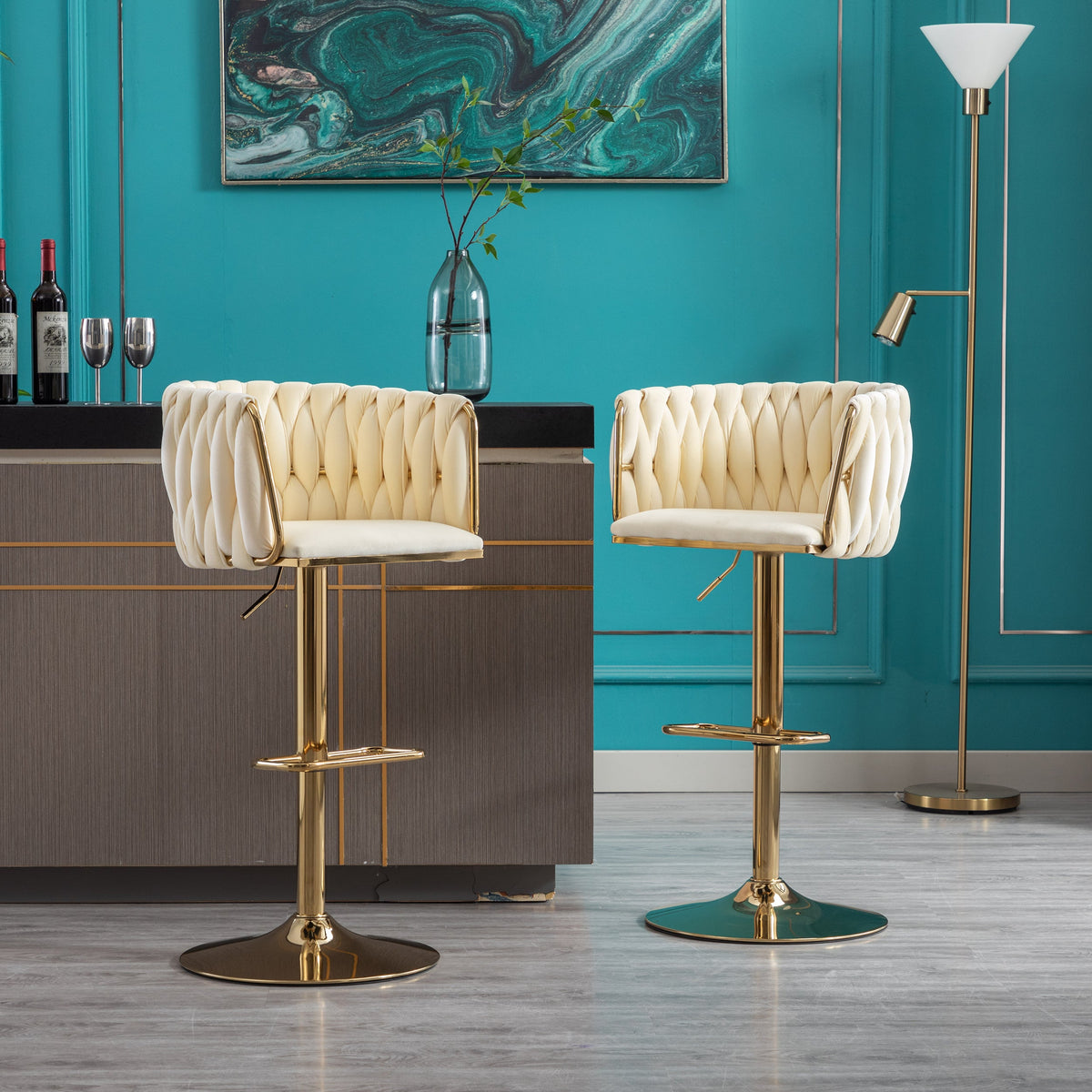 Bar stools set 2 by HouseOfZazla, Modern Set With Metal and Foam, cream tufted seats, gold bases on Tampa Home & Garden Store