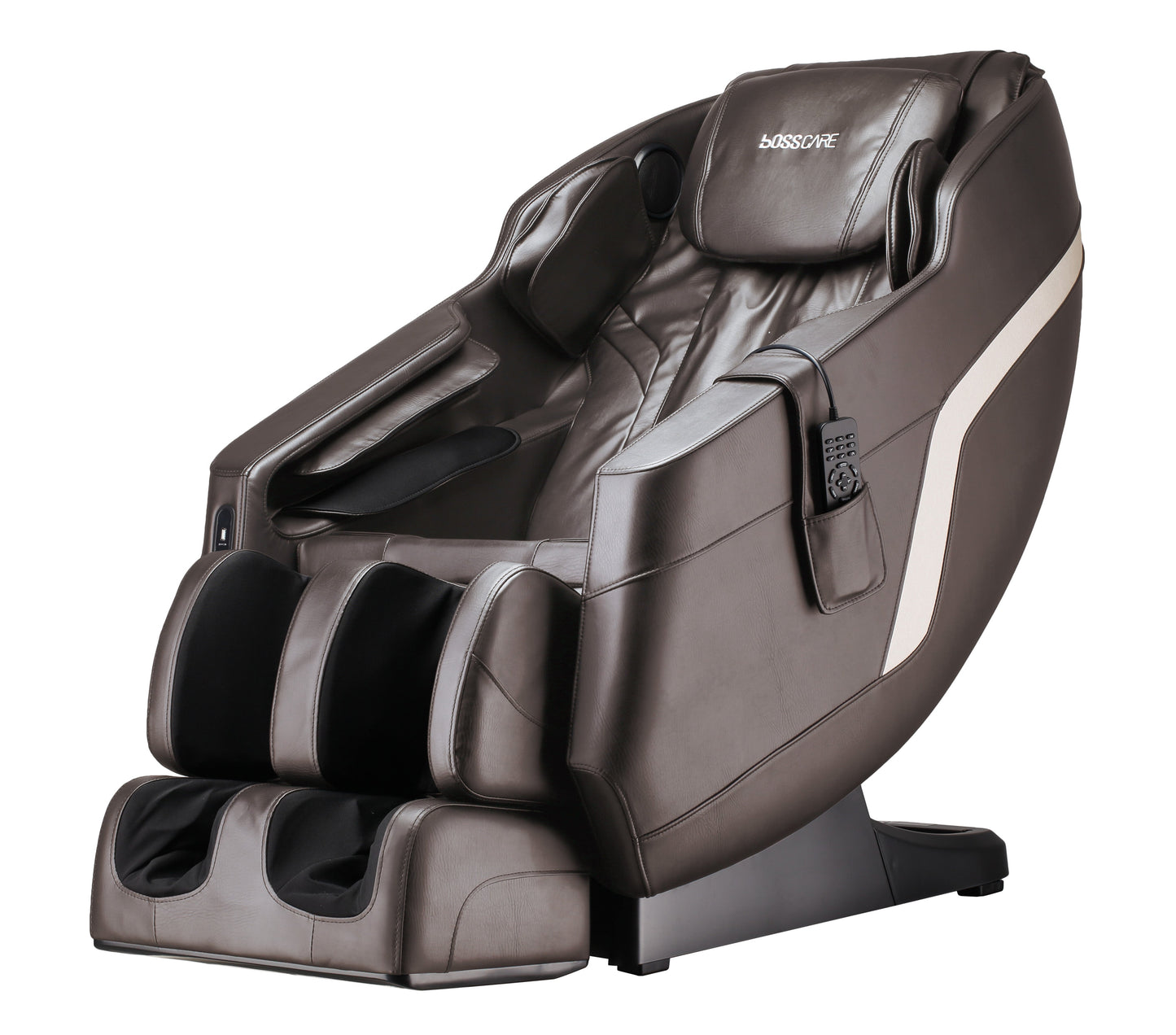 Massage chair SL Track full-body recliner in brown leather with remote BOSSCare logo on Tampa Home & Garden Store