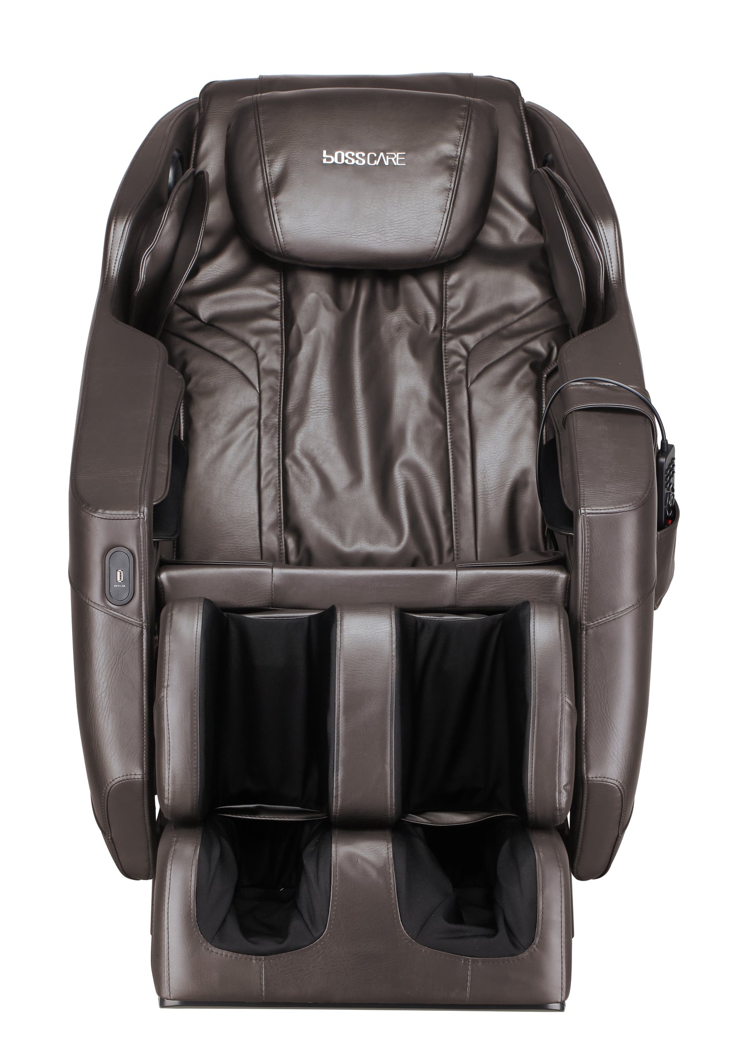 Massage chair SL Track full body recliner in brown leather with BOSSCare logo on headrest on Tampa Home & Garden Store