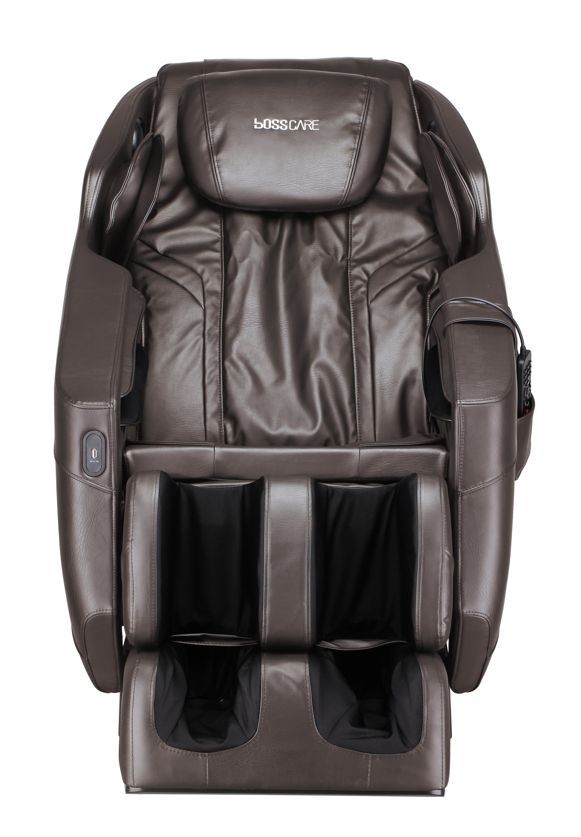 Massage chair SL Track full body recliner in brown leather with BOSSCare logo on headrest on Tampa Home & Garden Store